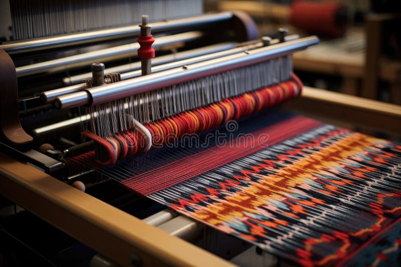 Industrial loom weaving a patterned fabric stock photography