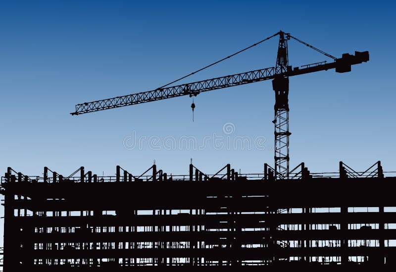 Industrial machinery and the construction crane. Cranes and skyscraper under construction, city skyline at sunset, sunrise Buildin