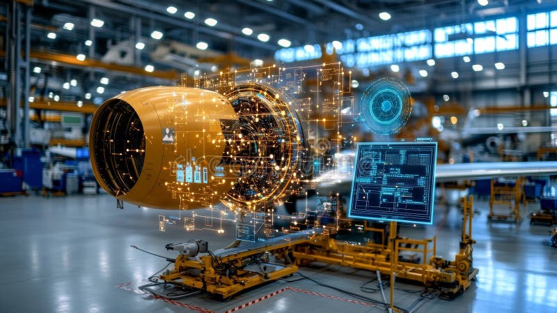 Industrial Marvel: A Cutting-Edge Machine Working on a Massive Yellow Object in an Aircraft Manufacturing Plant Environment vector illustration
