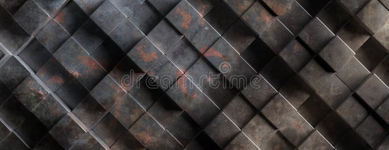 Industrial metal rusty background texture, Cube shape elements pattern. 3d illustration stock image