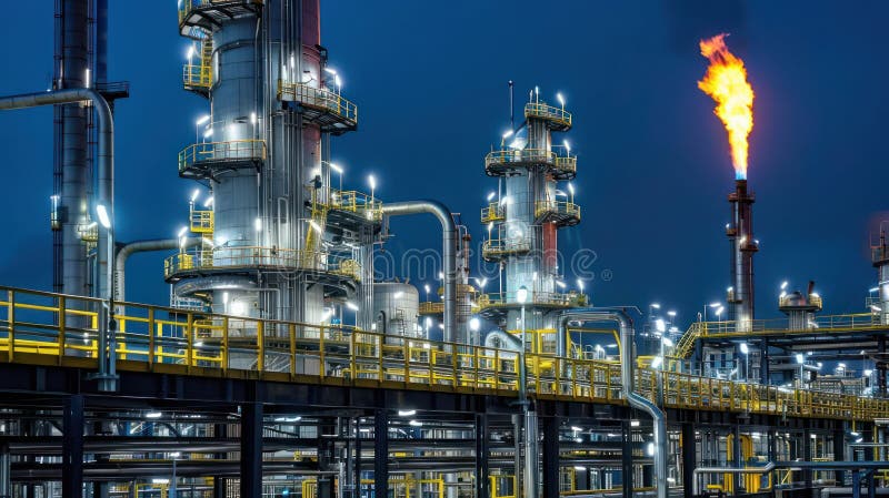 Illuminated Petroleum Refinery Plant at Night with Complex Piping System stock illustration