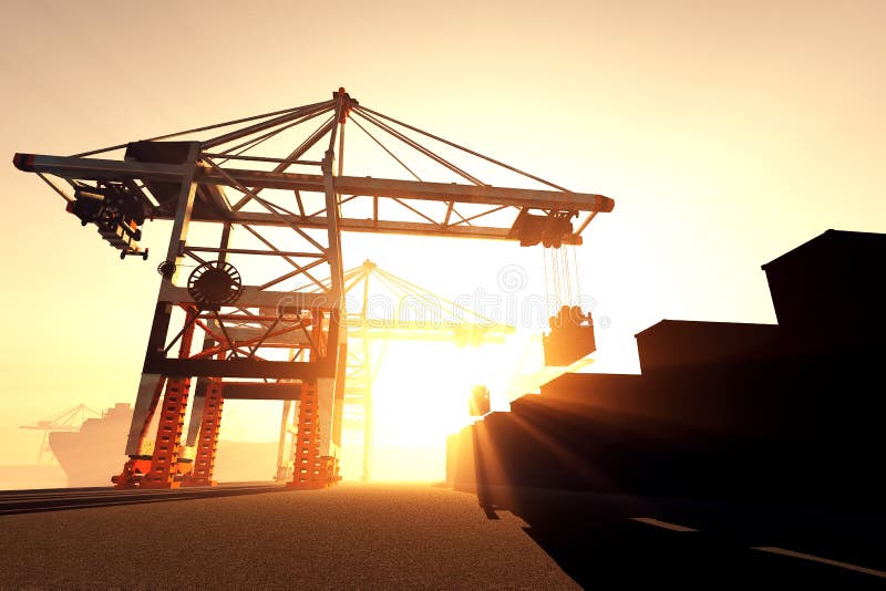 Industrial Port Sunset Sunrise 3D render 1