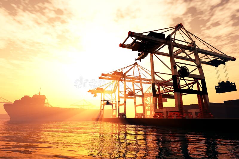 Industrial Port Sunset Sunrise 3D render 2