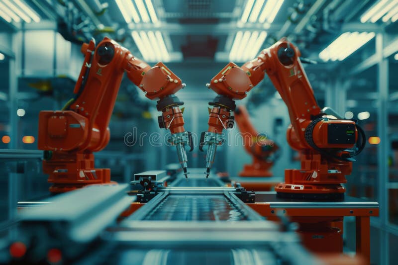 Precizie industrială : arme robotizate în linie automată modernă de asamblare din fabrică stock photo