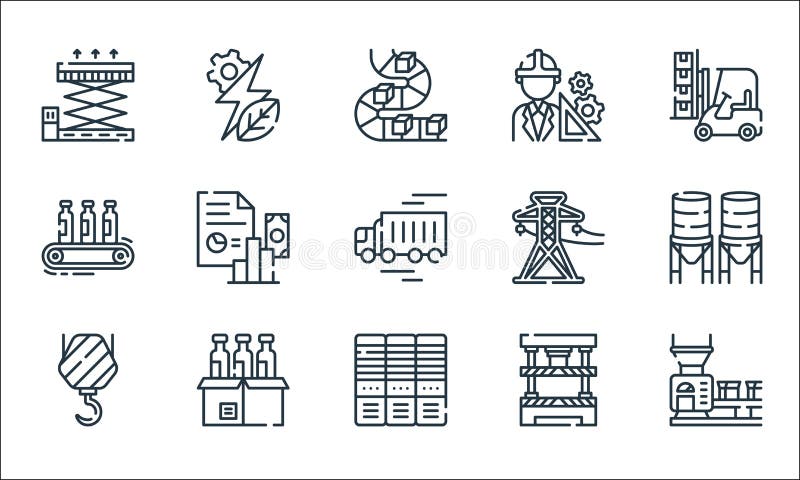 Industrial process line icons. linear set. quality vector line set such as conveyor belt, servers, hook, press machine, products stock illustration