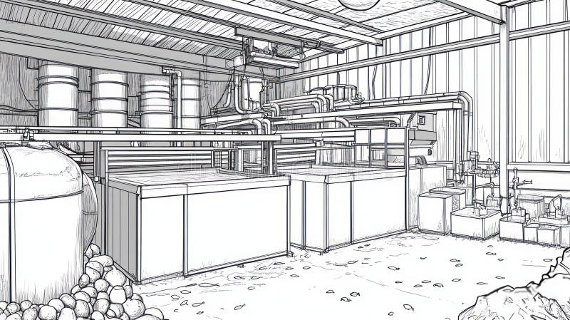 Industrial Processing Plant Interior Sketch royalty free illustration