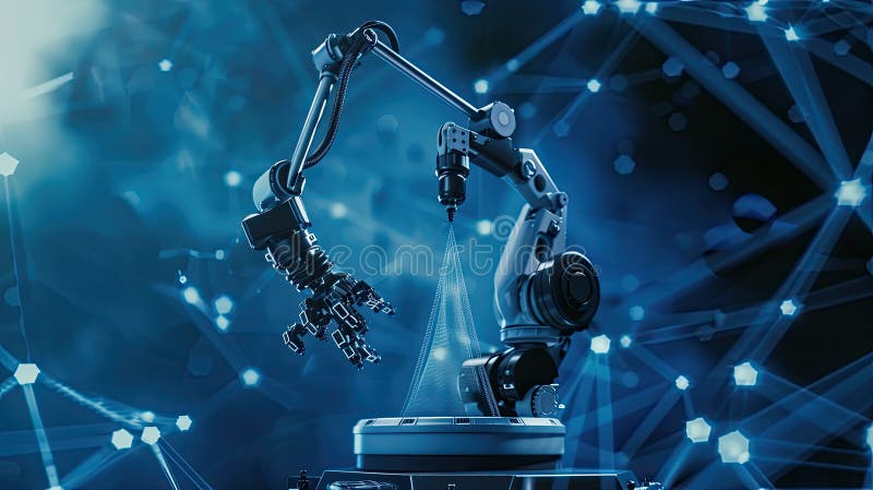 An industrial robot arm on a blue background with network connections and data flow lines, symbolizing the integration between industry and technology AI generated