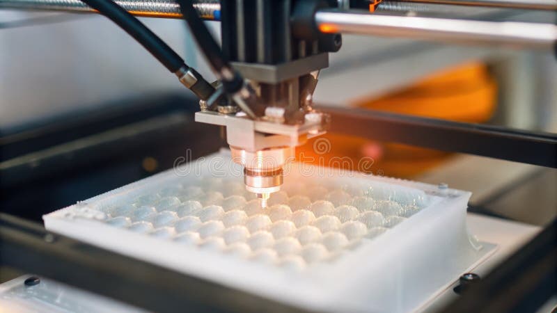 An industrial robot is shown engaging a 3D printing module adding layers to a component while monitoring the intricate royalty free illustration