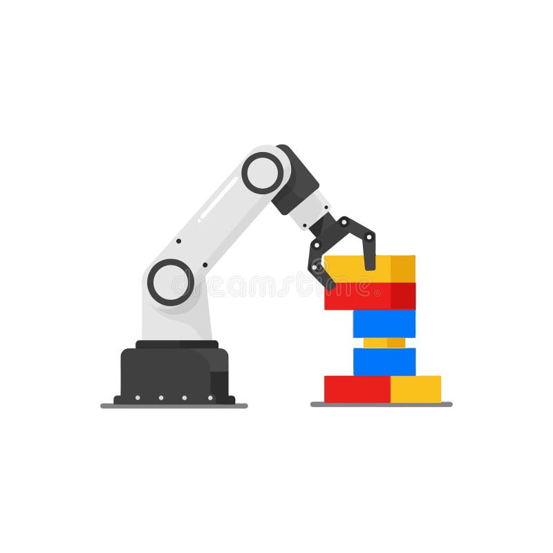 Industrial robotic arm assembling colorful blocks automation technology vector illustration royalty free illustration