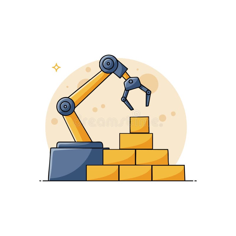 Industrial robotic arm assembling yellow boxes in factory automation system vector illustration vector illustration