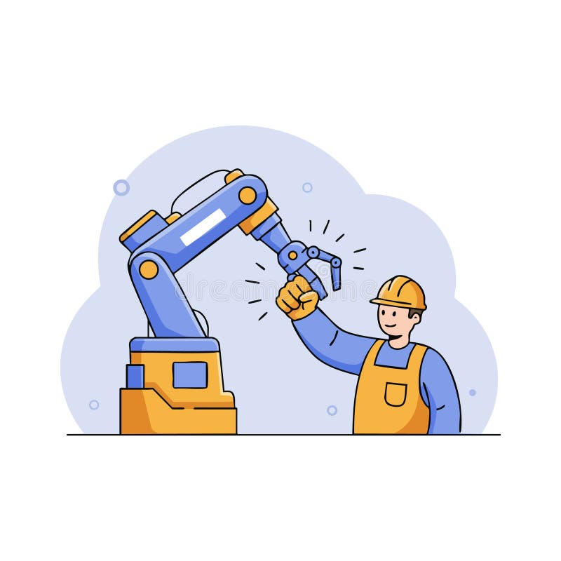 Industrial robotic arm and factory worker collaboration in automation technology vector illustration vector illustration