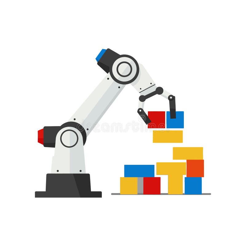 Industrial robotic arm stacking colorful blocks automation technology vector illustration royalty free illustration