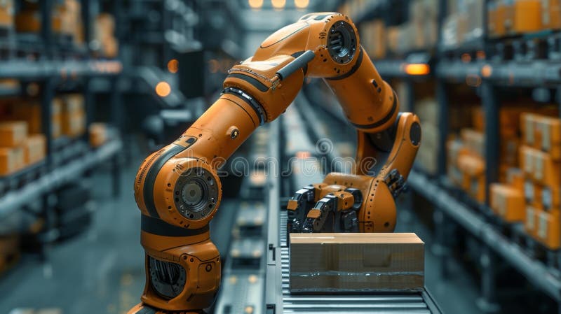 Industrial Robotic Arm in a Warehouse - Generative AI stock illustration