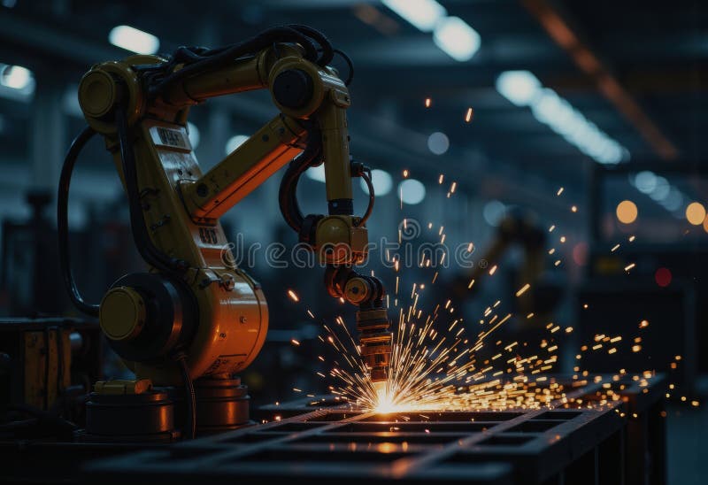 Industrial robotic arm welding in a production hall, creating sparks stock photography