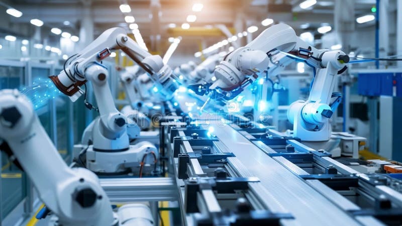 Robot arms working with conveyor belt system in automated smart factory stock illustration