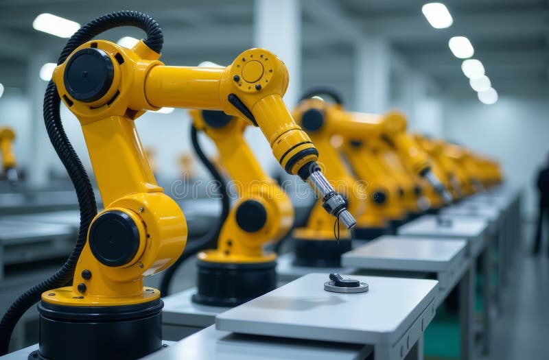 Industrial robotic arms engaged in assembly line tasks in a modern facility royalty free stock images