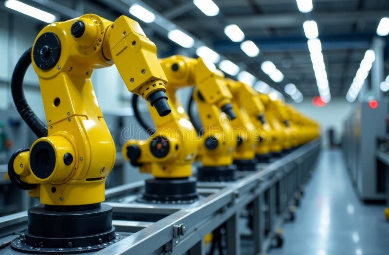 Industrial robotic arms working in a modern manufacturing facility stock photos