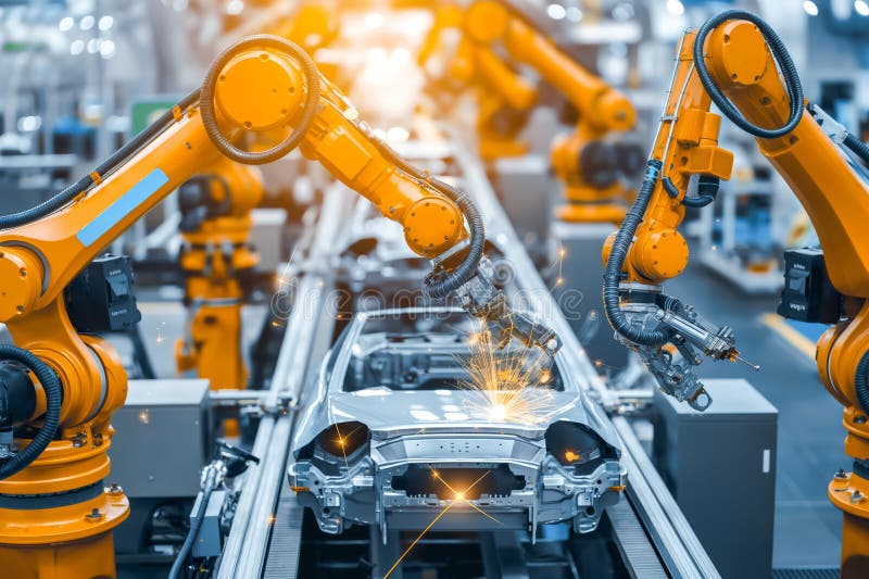 Industrial robots at the automated manufacturing factory assembly line stock illustration