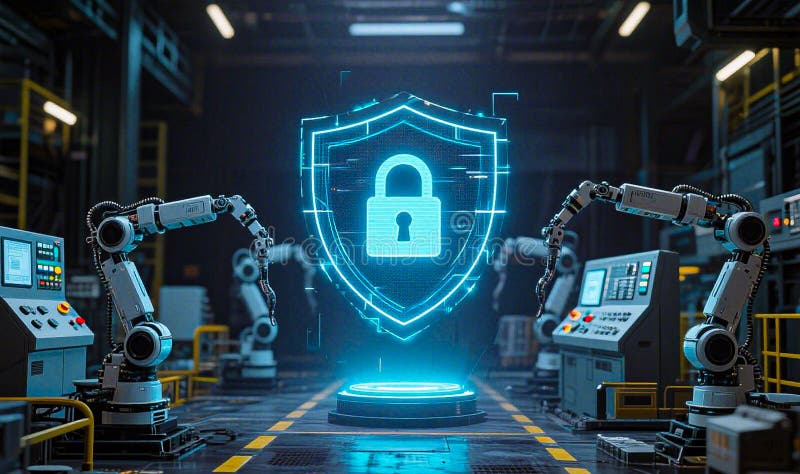 Industrial Robots Guarding a Digital Security Shield in Smart Factory stock illustration