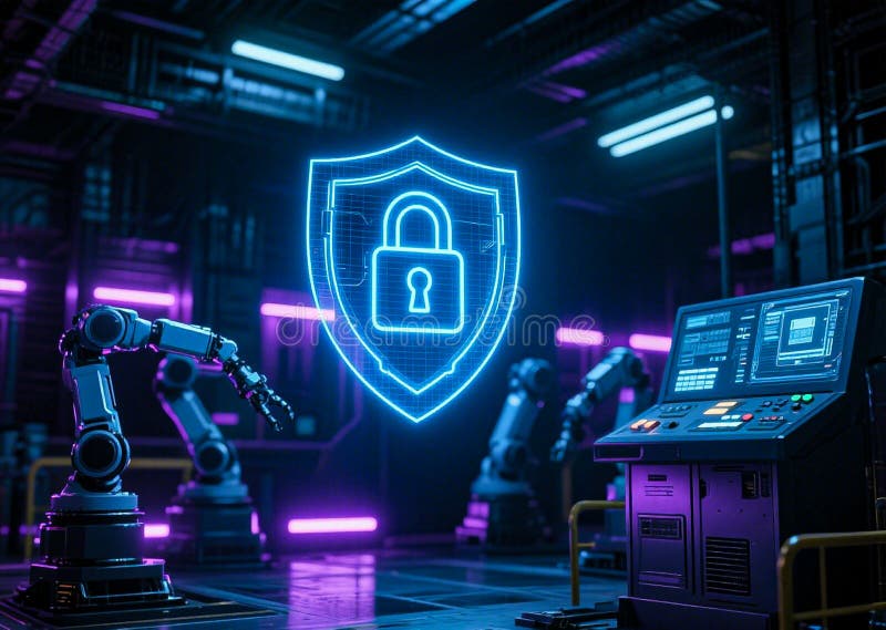 Industrial Robots Guarding a Digital Security Shield in Smart Factory vector illustration