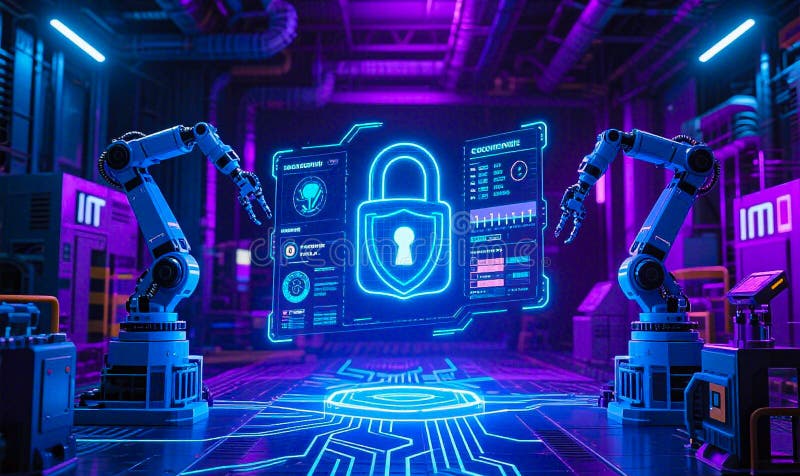 Industrial Robots Guarding a Digital Security Shield in Smart Factory vector illustration