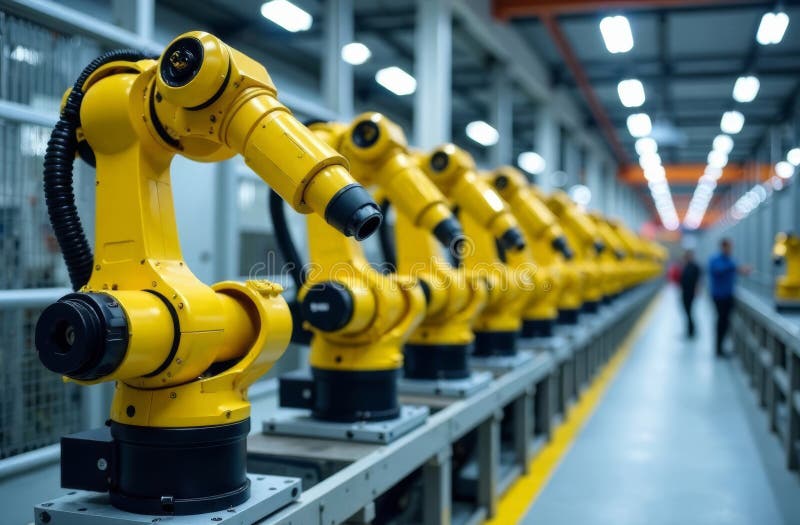 Industrial robots in a modern manufacturing facility working efficiently stock photography