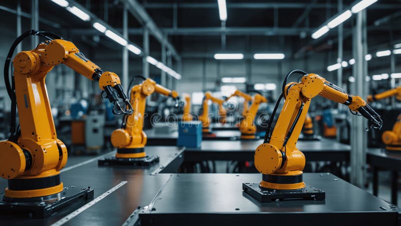Industrial Robots Working in a High-Tech Automated Manufacturing Factory royalty free illustration