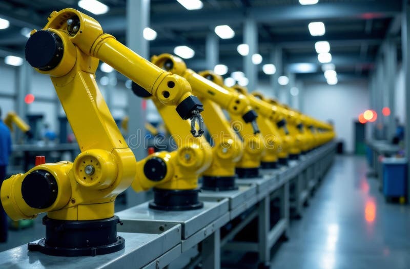 Industrial robots working in a modern automated manufacturing facility stock image