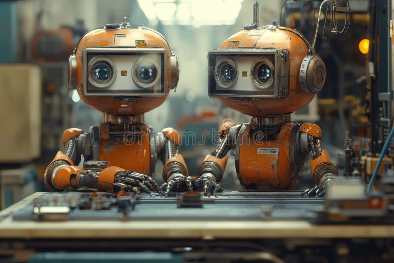 Industrial robots working together in a modern factory environment royalty free stock photo