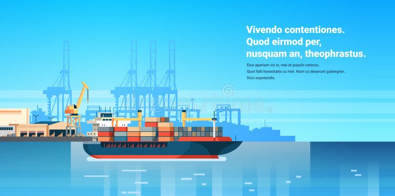 Industrial sea port cargo logistics container import export freight ship crane water delivery transportation concept stock illustration Industrial sea port cargo logistics container import export freight ship crane water delivery transportation concept stock illustration