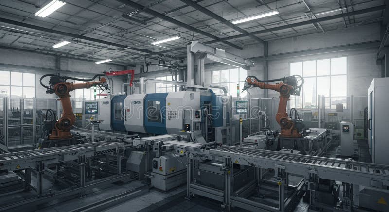 Industrial setting featuring advanced robotic arms in an automated manufacturing royalty free illustration