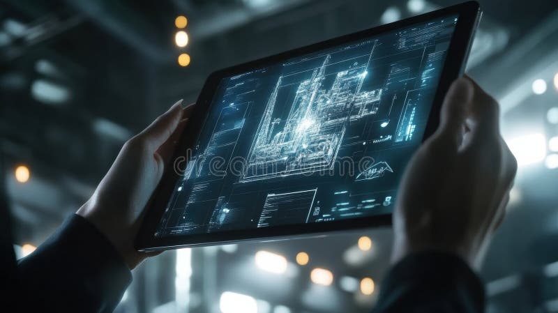 Hands holding a tablet showing a detailed 3D oil rig model during a modern industrial exploration. Generative AI stock image