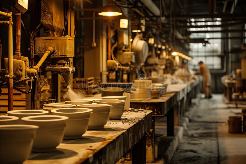 Industrial Setting of Porcelain Casting with Molds, Showing Bowls on a