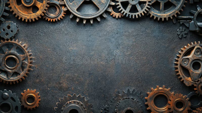 Industrial steampunk template, mechanical gears. black and golden colour, copy space in centre. Generative AI stock photos