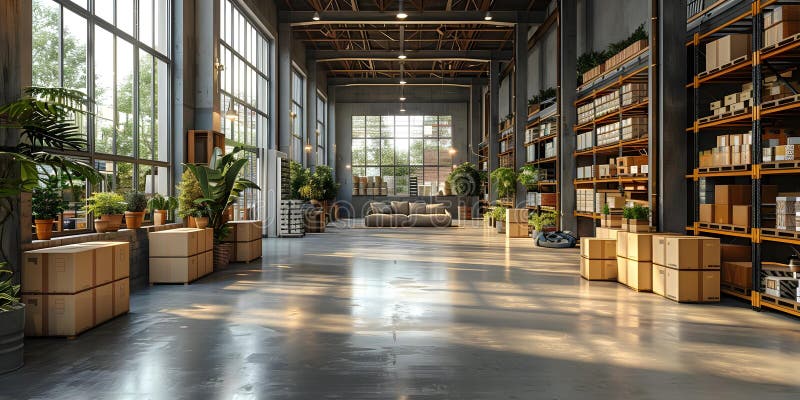 Industrial Storage and Distribution: Inside a Warehouse with Shelves and Boxes. Concept Warehouse stock illustration