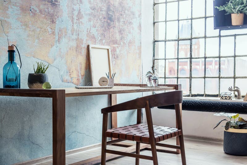 Industrial Style Home Office With Impressive Wooden Oak Desk