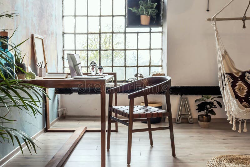 Industrial Style Home Office With Impressive Wooden Oak Desk