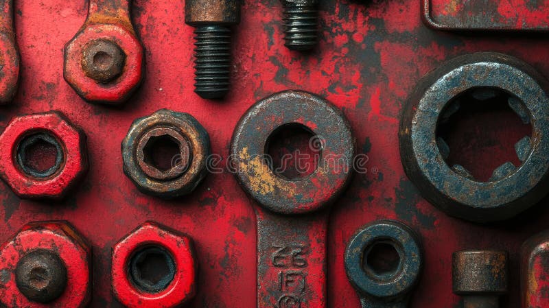 Industrial template, mix of cylinders, bolts and nuts, wrench. Copy space. Generative AI stock photo