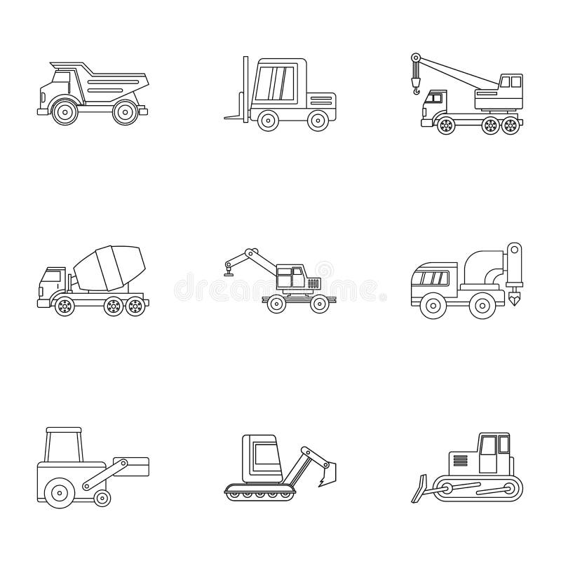 Industrial vehicle icon set, outline style stock illustration