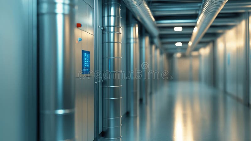 Industrial ventilation space with gleaming metallic ductwork and illuminated control panel displaying operational data royalty free stock image