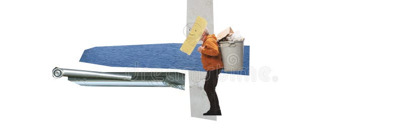 Industrial water pollution. Senior man carrying giant bon with garbage, cleaning nature, taking care after Earth. Contemporary art collage. Concept of ecology, environment, problem, awareness
