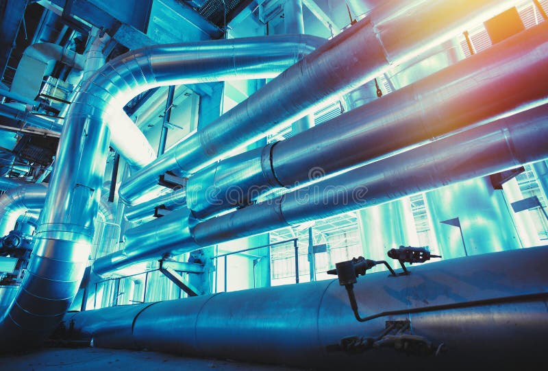 Industrial Steel Pipelines, Valves, Cables and Walkways Stock Image