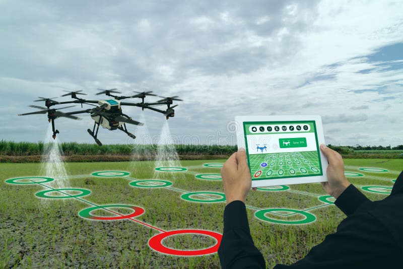 Industrie futée 4 d'agriculture d'Iot 0 concepts, bourdon dans l'utilisation de ferme de précision pour le jet une eau, engrais o photographie stock Industrie futée 4 d'agriculture d'Iot 0 concepts, bourdon dans l'utilisation de ferme de précision pour le jet une eau, engrais o photographie stock