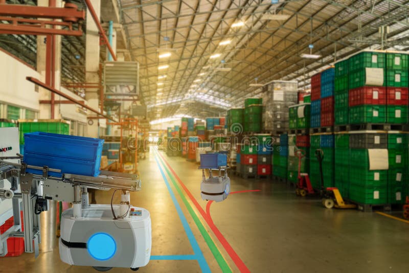 Industrie futée 4 d'Iot Le mot de couleur rouge situé au-dessus du texte de couleur blanche Le tri robotique industriel d'automat photo stock