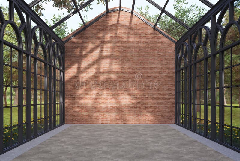 Industrie Loft Stil transparente leere Räume mit leerer Ziegelwand für Kopier-Raum 3D rendern stock abbildung