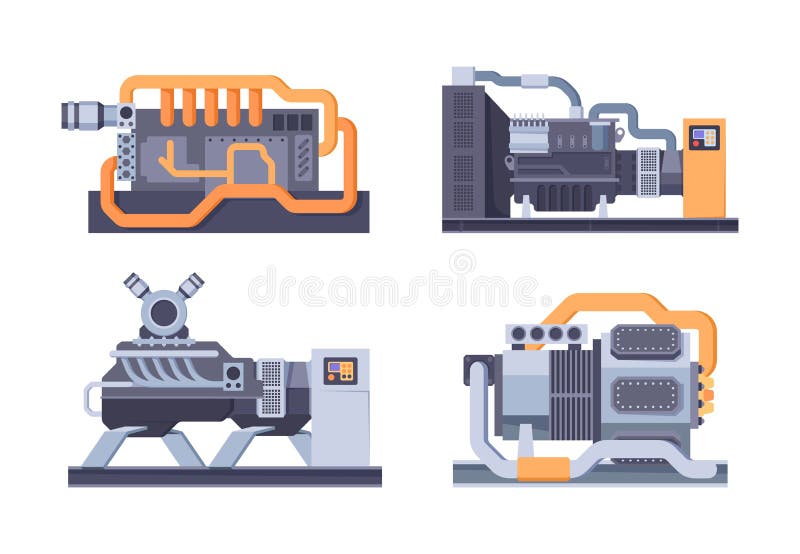 Industrial generator. Steel jerrycan fuel electricity for balloons types of maintenance generators garish vector flat machines. Illustration generator gasoline, engine generating power. Industrial generator. Steel jerrycan fuel electricity for balloons types of maintenance generators garish vector flat machines. Illustration generator gasoline, engine generating power