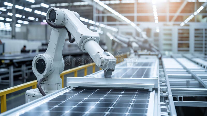 Industriell automatisering med robotrustning för montering av solpaneler royaltyfria foton