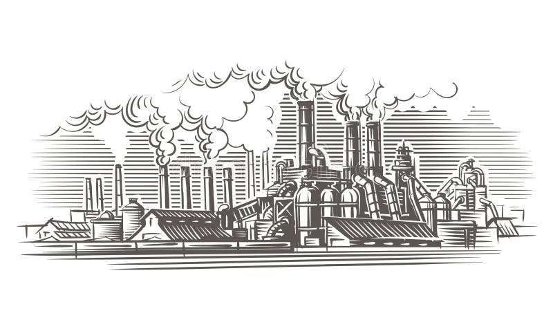 Industriell illustration för landskapgravyrstil stock illustrationer Industriell illustration för landskapgravyrstil stock illustrationer