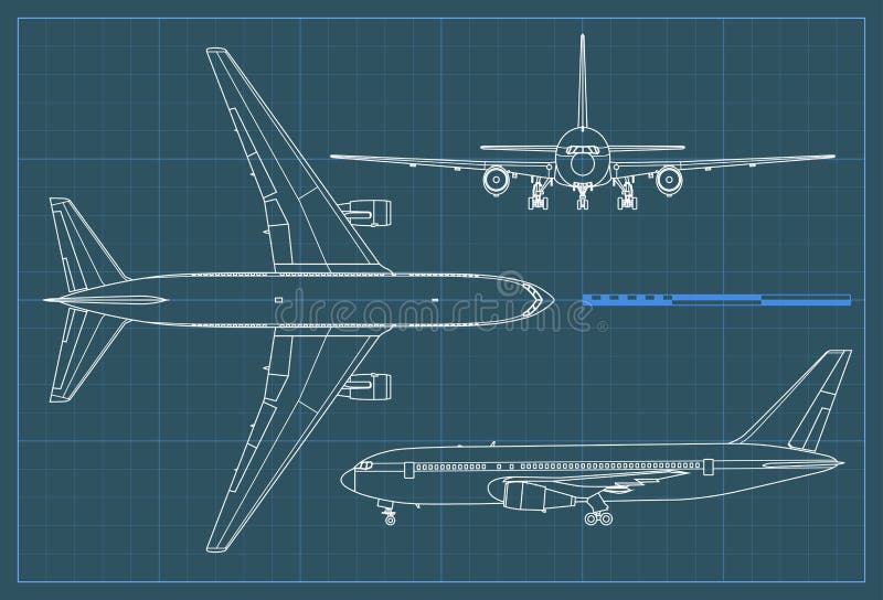 Industriell ritning av flygplanet Nivå för vektoröversiktsteckning på en blå bakgrund Överkant, sida och främre sikt royaltyfri illustrationer