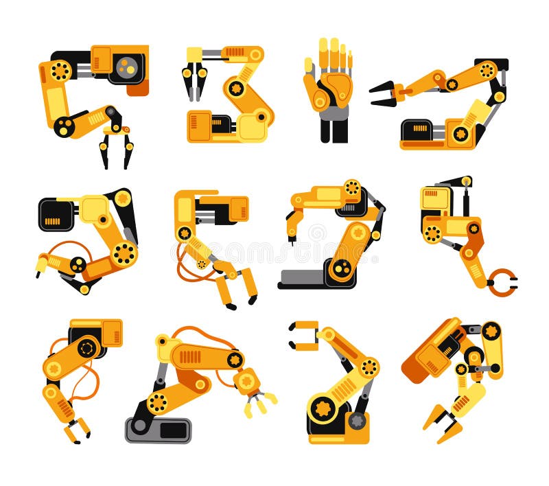 Industriell robotic uppsättning för vektor för utrustning för enhet för armtillverkningteknologi stock illustrationer